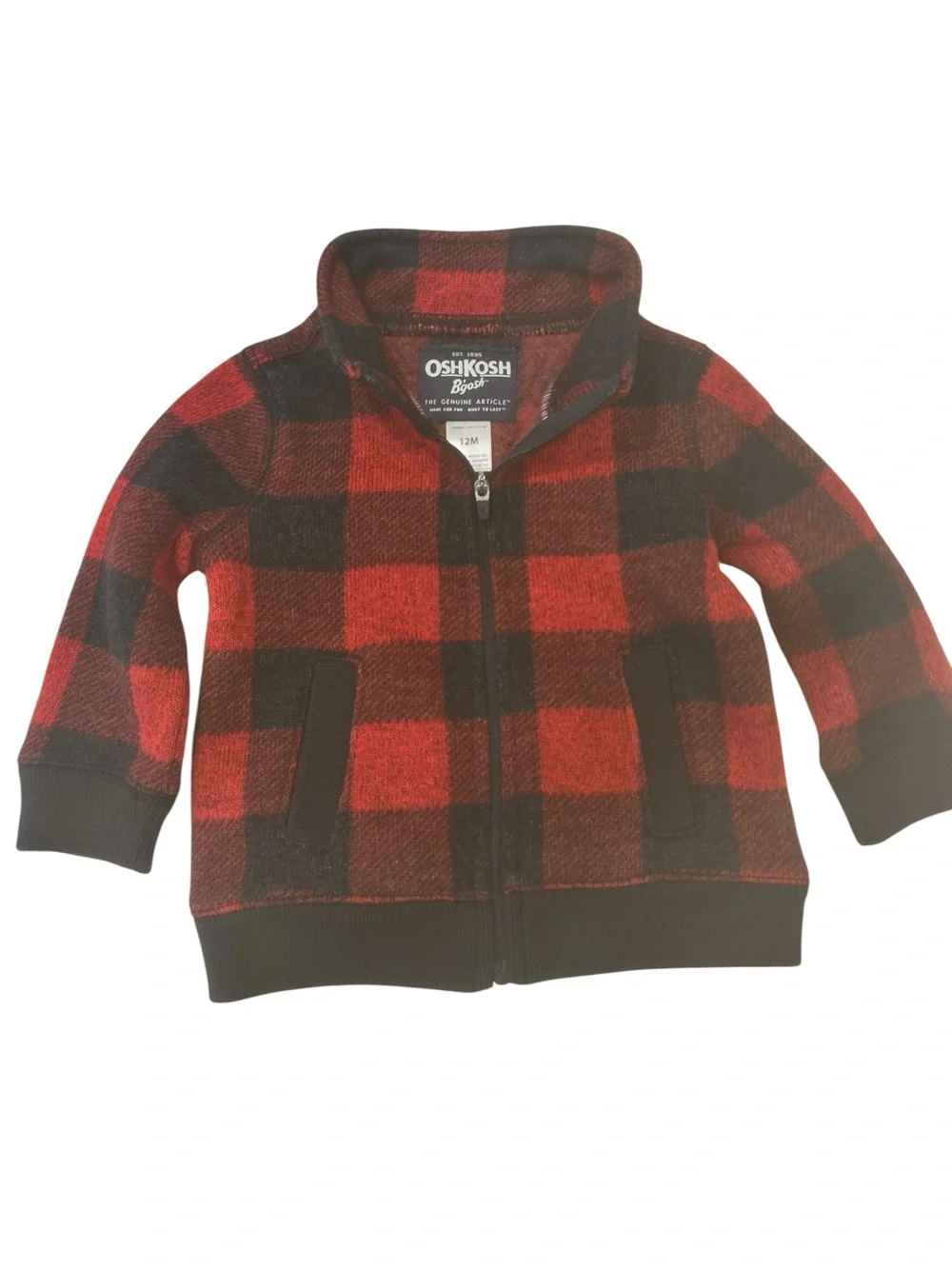 OshKosh B’gosh Baby Boy 12M Buffalo Plaid Fleece Full Zip Jacket Red Black cabin
